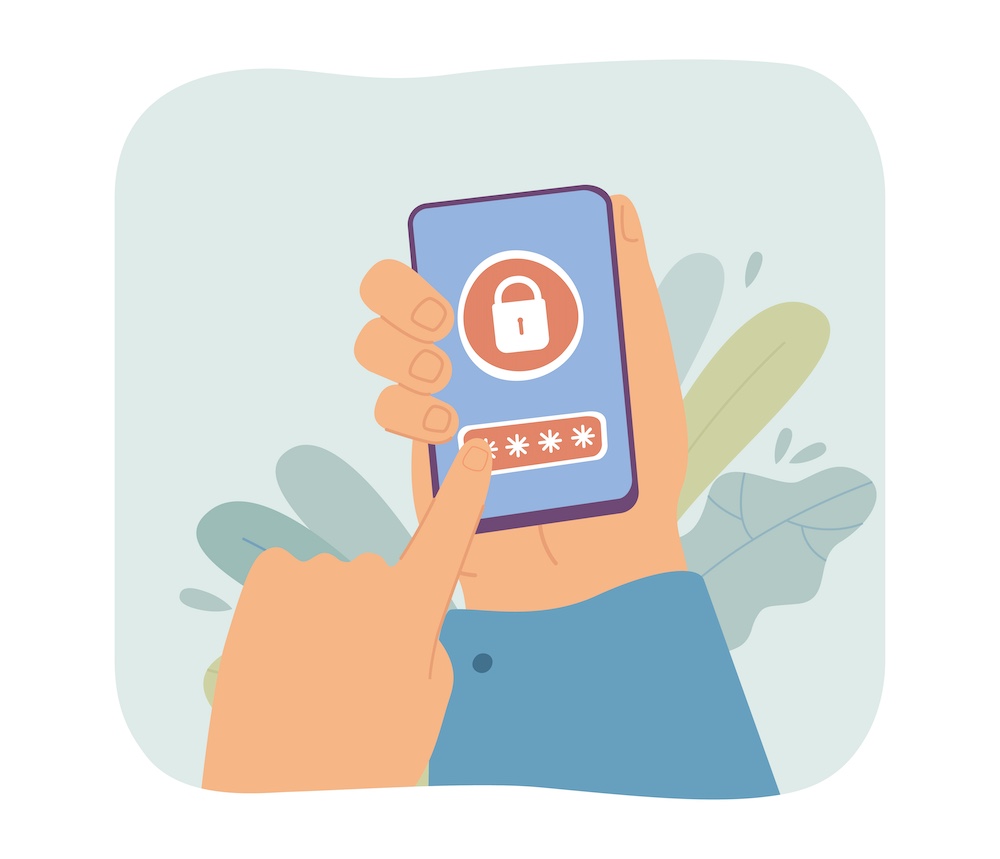 Hand holding phone with screen lock flat vector illustration